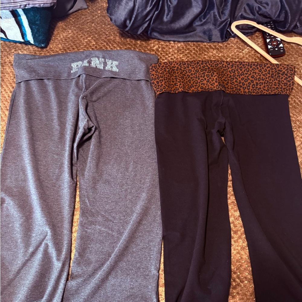 Victoria's Secret PINK Gray and Black Boot Cut Yoga Pants with Leopard Waistband